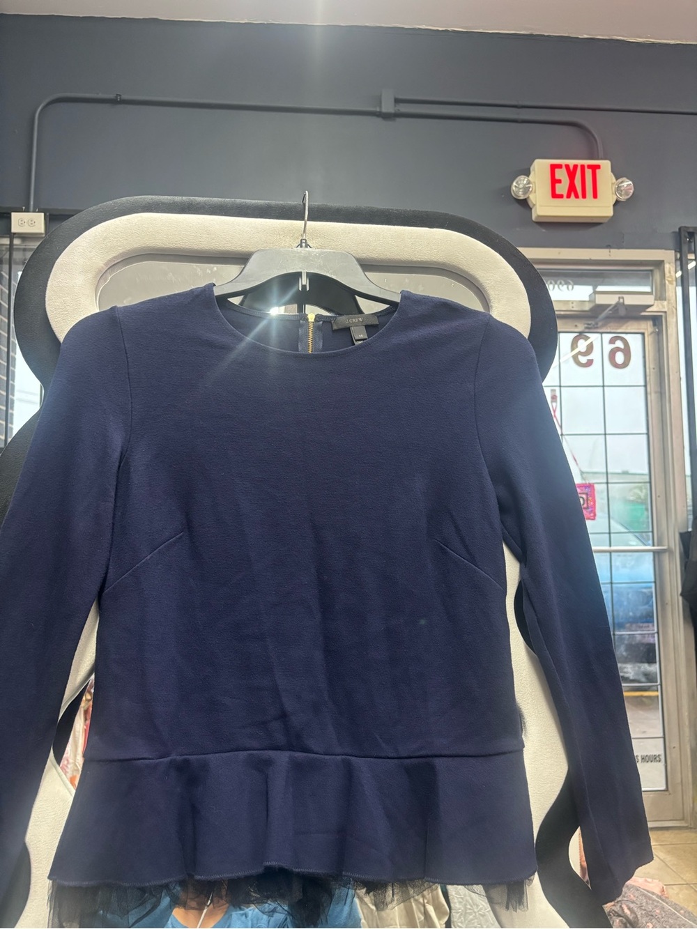 J CREW,Navy Long-Sleeve Peplum Top with Tulle Hem - Picture 4 of 5